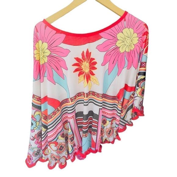 WANDA BEAUCHAMP Asian Floral Embellished Asymmetrical Hem One Sleeve Poncho Blou - Picture 2 of 8